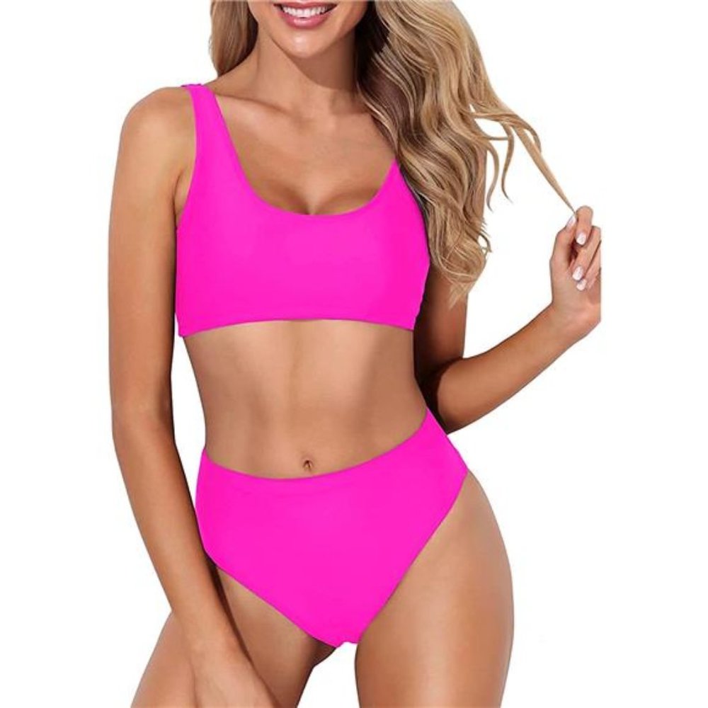 Women Two Piece Scoop Neck Bikini Crop Top High Cut Swimsuit